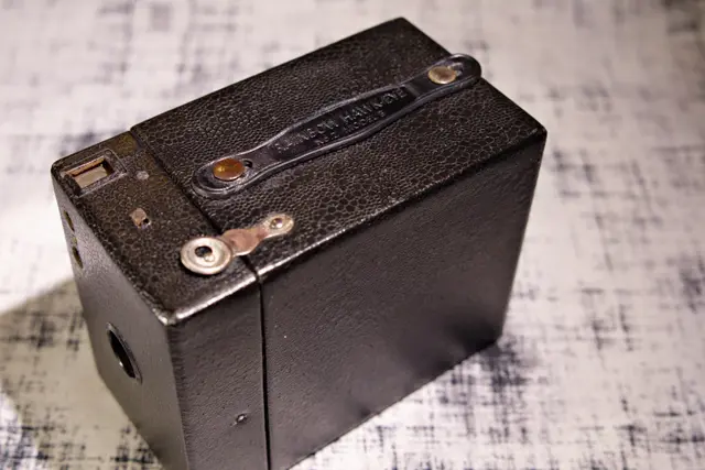 Close-up of leather strap on Brownie camera